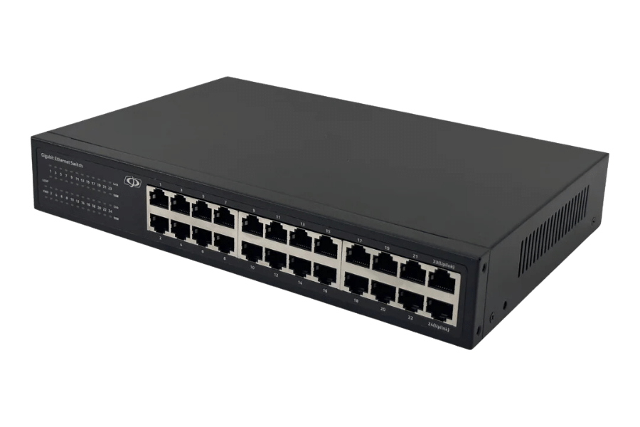 24 port Gigabit Ethernet switch의 앞면. RJ45 port 24개가 두 줄로 배치되어 있고, 왼쪽에는 port마다 상태를 보여 주는 LED가 있다