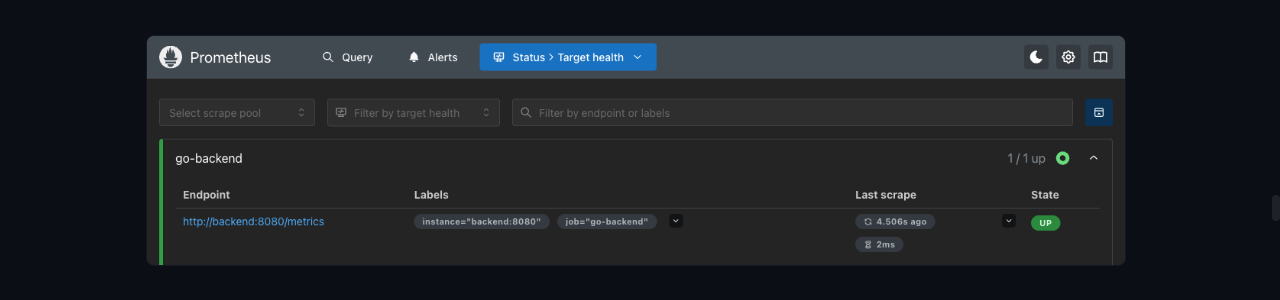 Prometheus Target health 화면. go-backend job의 http://backend:8080/metrics endpoint가 State UP으로 5초마다 scrape되고 있다